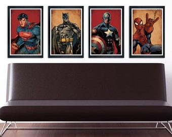 Superhero Poster Set of 4 – wall decor 11 x 17 Superman Batman Captain America Spiderman