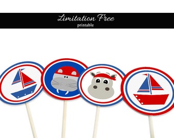 nautical cupcake toppers blue and red printable toppers instant download printable party decorations - Nautical Party Decorations nautical cupcake toppers blue and red printable toppers instant download printable party decorations - Nautical Party Decorations