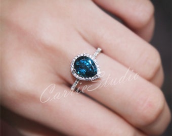 Pear Natural London Blue Topaz Ring Engagement Ring/ Wedding Ring 925 Sterling Silver Ring White Gold Plated Anniversary Ring