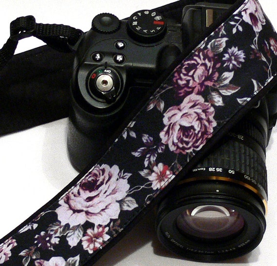 Roses Camera Strap. Black and Purple Camera Strap. Canon Nikon Camera Strap. Photo Camera Accessories