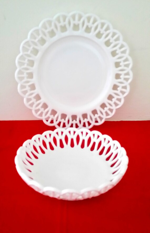 Vintage Milk Glass Plate and Bowl Lace Edge by MRMSecondTimeAround