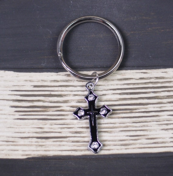 charm black cross  enamel cross rhinestone  cross enamel , charm gift  catholic keychain,