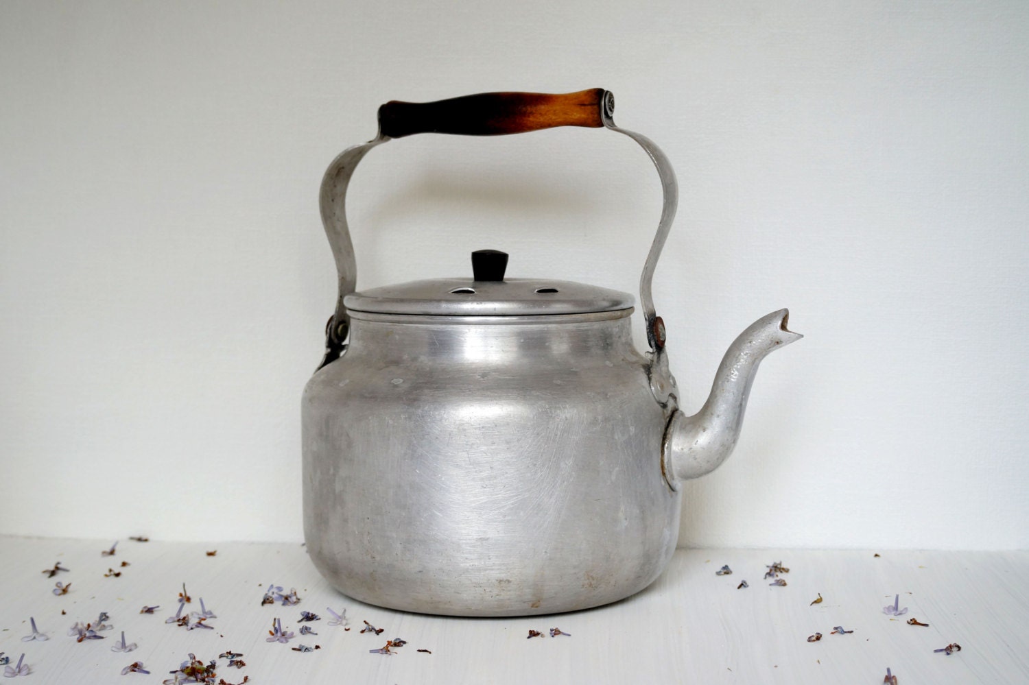 Vintage aluminum teapot Tea kettle Rustic kitchen Garden decor