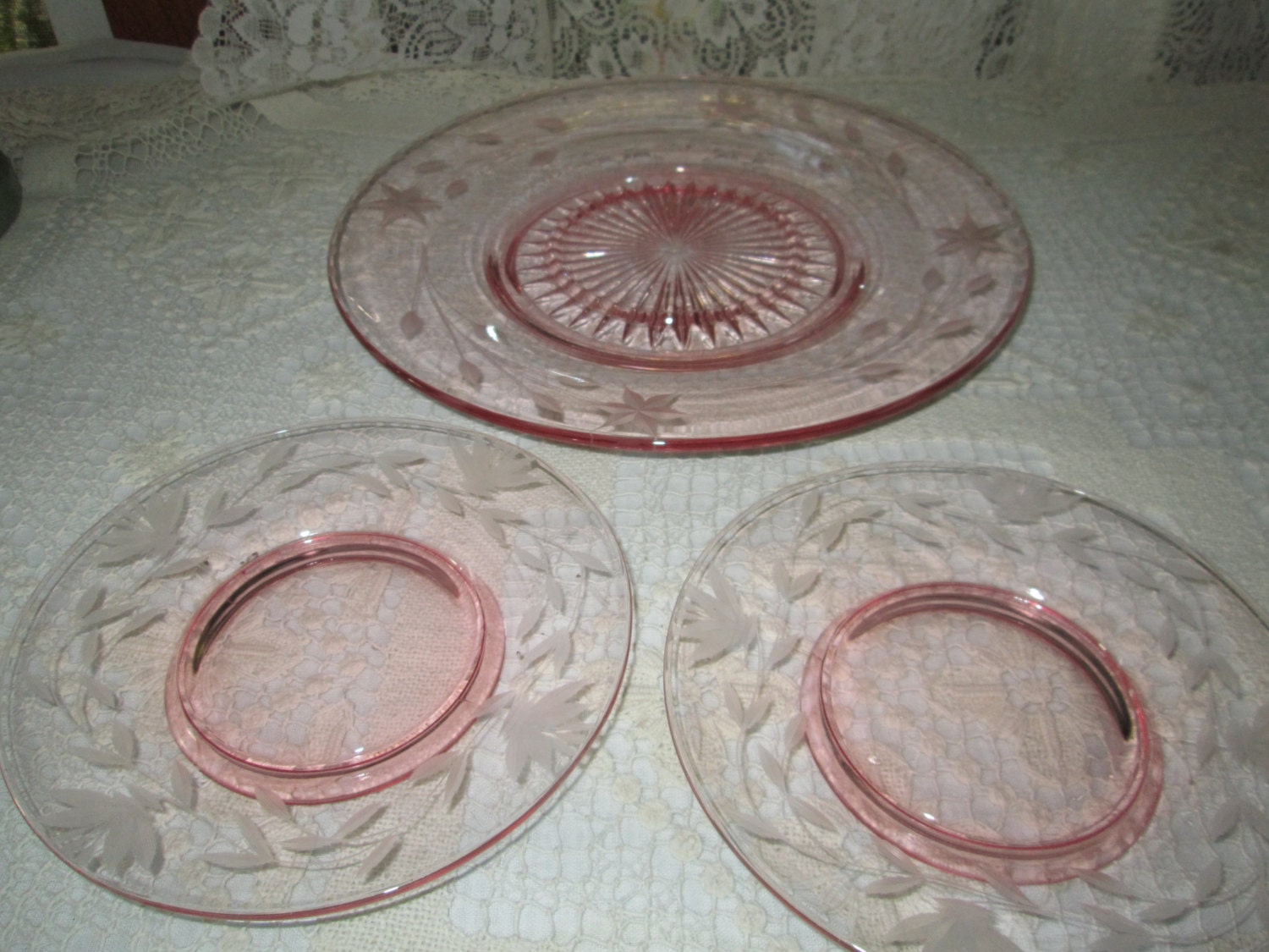 Pink Depression Glass Dessert Plates Etched by TreasuresTimeworn