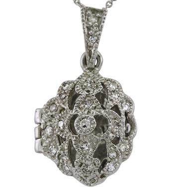 Gold Locket Necklace In 14k White Gold With Milgrain & A