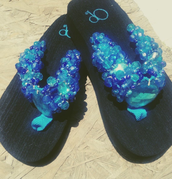 Blue Beaded Flip Flops by Gypsywithapurpose on Etsy