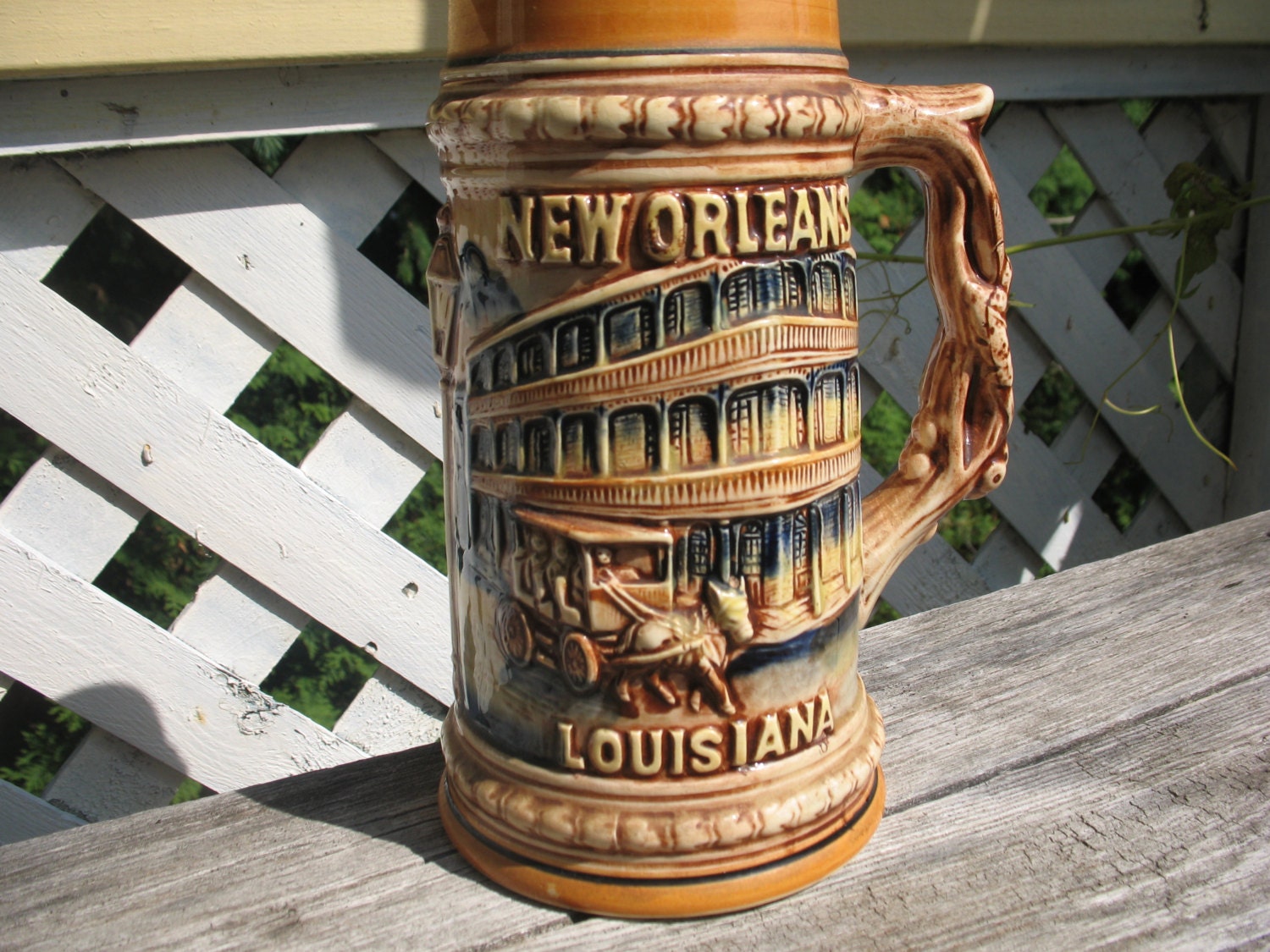 Vintage mug has beer from New Orleans Bourbon Street postcode