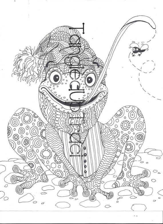 Hop Scotch Frog a whimsical adult coloring page by TangledUpTraci