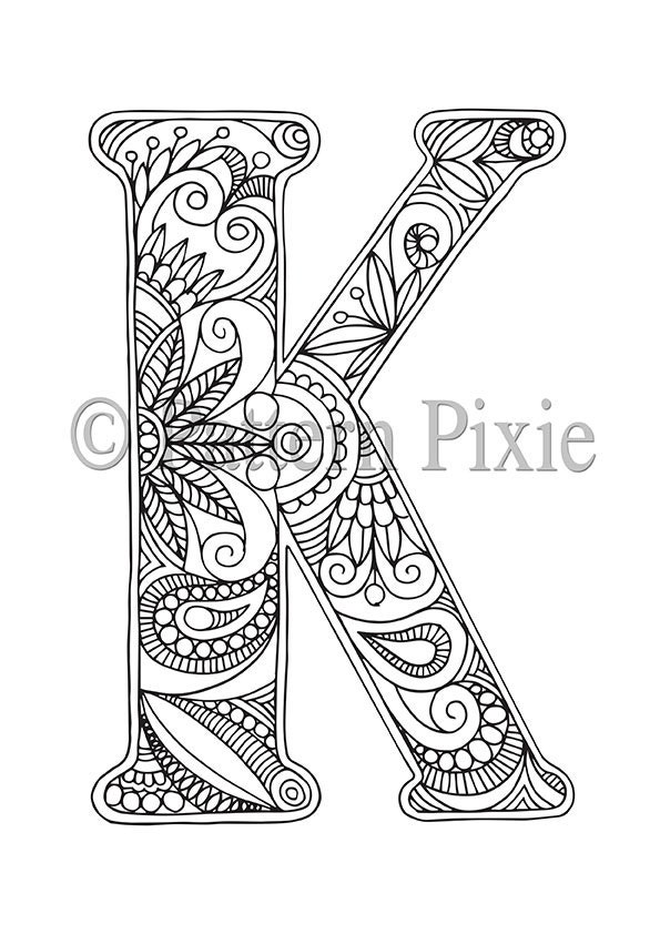 Adult Colouring Page Alphabet Letter K