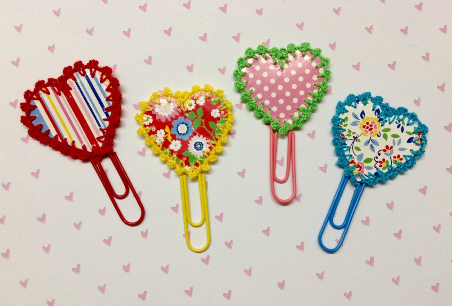 Set of 4 Large Crochet Heart Paper Clips. Perfect by CraftyGirlsX2