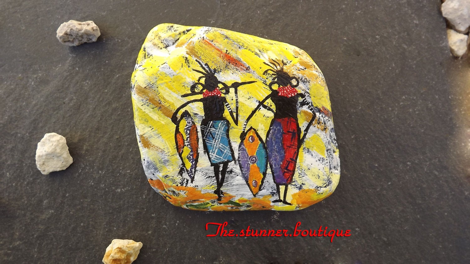 African painted rock yellow painted art by TheStunnerBoutique