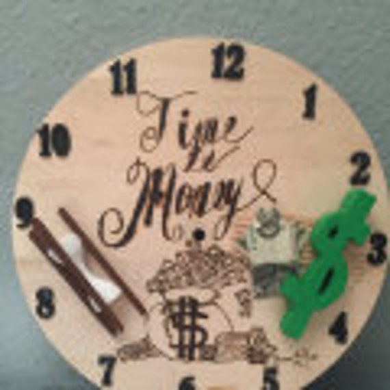 Time is Money Clock handcarved woodburned painted by KelticKnots