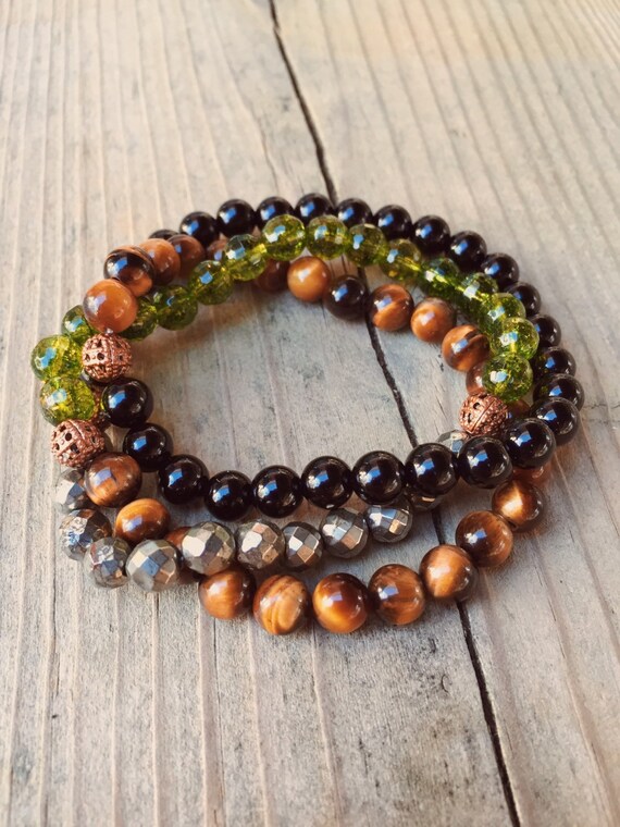 Wrap Bracelet Triple Stack Tigers Eye Peridot by InnerEchoMalas