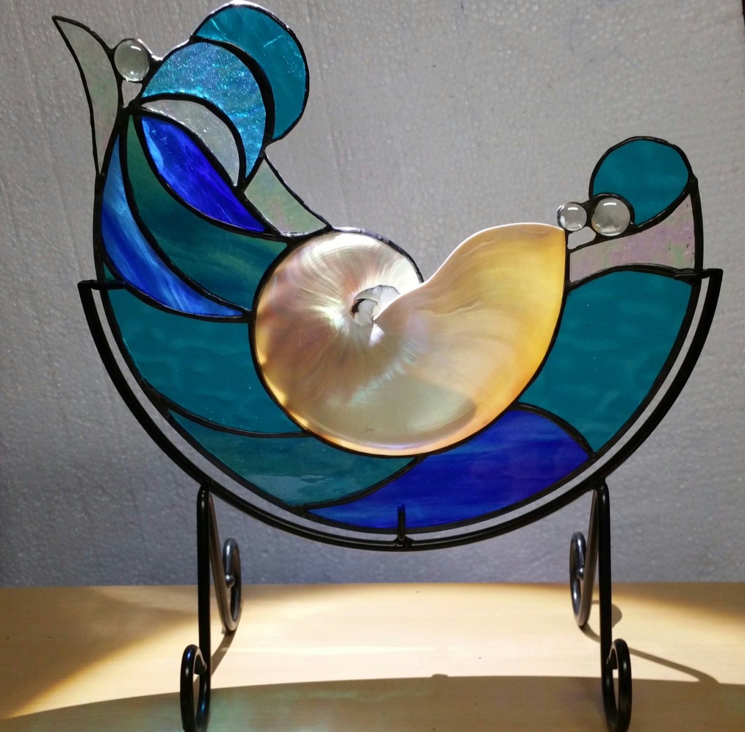 wave-teal-blue-nautilus-shell-handmade-stained-glass-panel-in