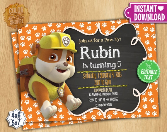 Paw Patrol Invitation EDITABLE TEXT Rubble Customizable