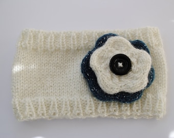 Knitted Ear Warmer with Flower and Button