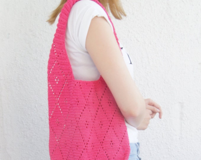 Crochet Tote Market Summer Beach Bag Custom Color Boho Handmade Hot Pink
