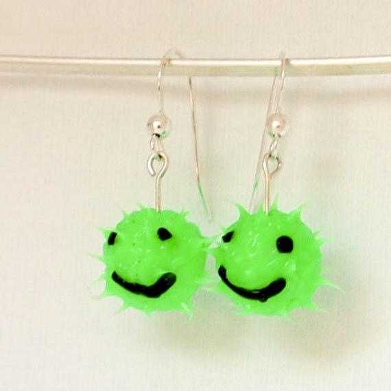 Neon green smiley face earrings spiky rubber earrings spiky