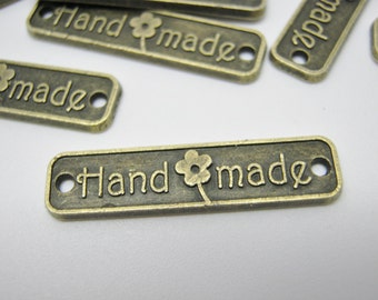 Metal Labels Connectors "Handmade" 25mm (1" Bronze Jewellery Joiners, Sew On Metal Clothing Tag, Hammer On Craft Labels Handmade Tags