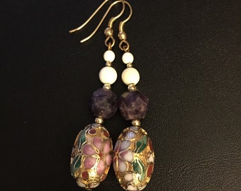 Gold Cloisonne and Amethyst Earrings