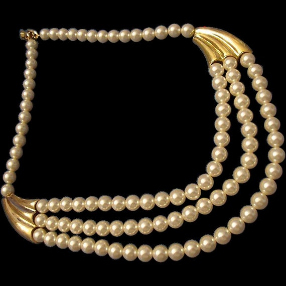 VINTAGE NAPIER 3 strand faux 8mm pearl necklace with gold tone