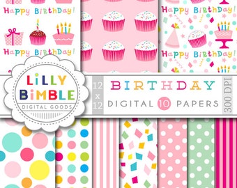 40% off Birthday digital paper with cake, cupcakes, gifts, confetti, polka dots, Happy Birthday scrapbook Instant Download
