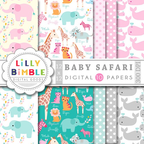 40% off Baby Safari Digital Papers Elephants, Giraffe, Lion Baby Shower zebra digital scrapbooking paper INSTANT DOWNLOAD Il_570xn