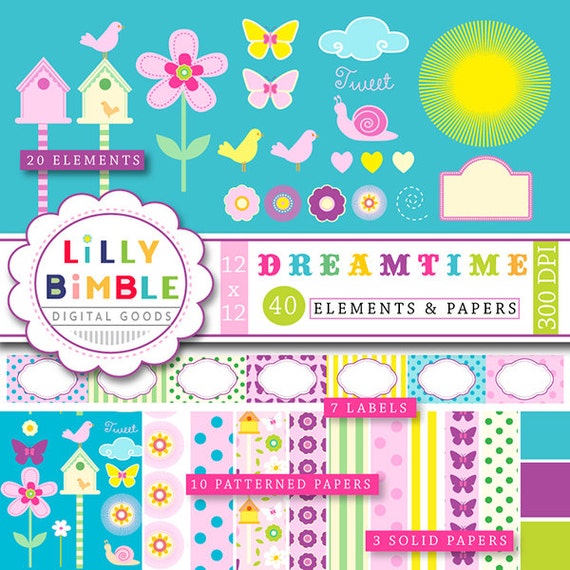 60% off Summer clipart and digital paper, Dreamtime, birds, flowers, labels, butterflies, Instant Download Il_570xn