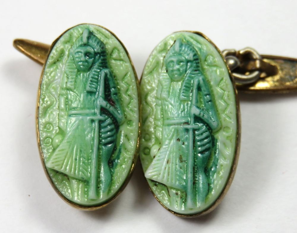 SJK Vintage — Art Deco Brass and Carved Dyed Stone Cufflinks, Egypt