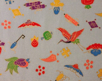 Lucky Good Fortune Vintage Japanese kimono silk chirimen pale blue