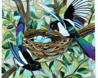 Mosaic Magpie Print - Two For Joy - Limited Edition Giclee Print - Mosaic Art Black and White Bird Print Glass Mosaic Stained Glass Bird