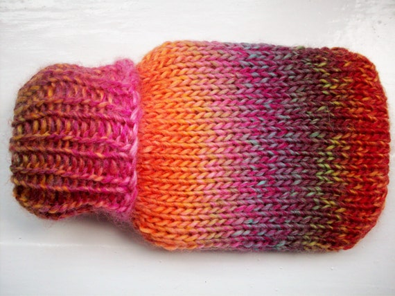 Mini hot water bottle, hand knitted cozy, burnt orange, pink, amber, ginger mult
