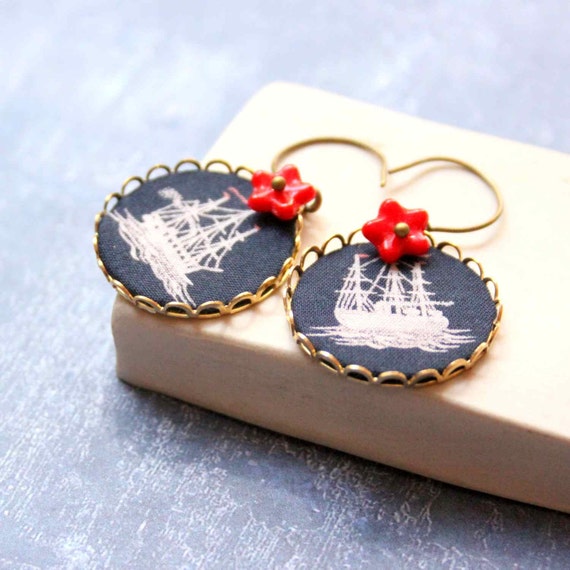 Items similar to Earrings with Old Ship in Blue, Red and White on Etsy