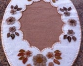 Flower table runner,  100% wool flower and leaves, wool felt white and neutral 18 " x 11.5"