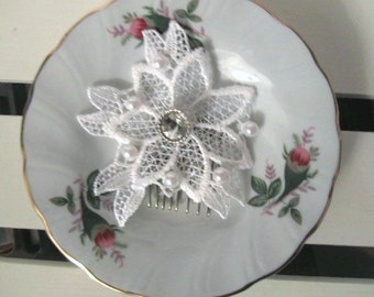 SALE Hand Beaded White Floral Lace Applique Hair Comb with Pearls and Rhinestone Button