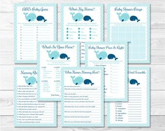 Whale Baby Shower Games Package / 8 Printable Games / Whale Baby Shower Games / Baby Boy Shower Games / INSTANT DOWNLOAD A160