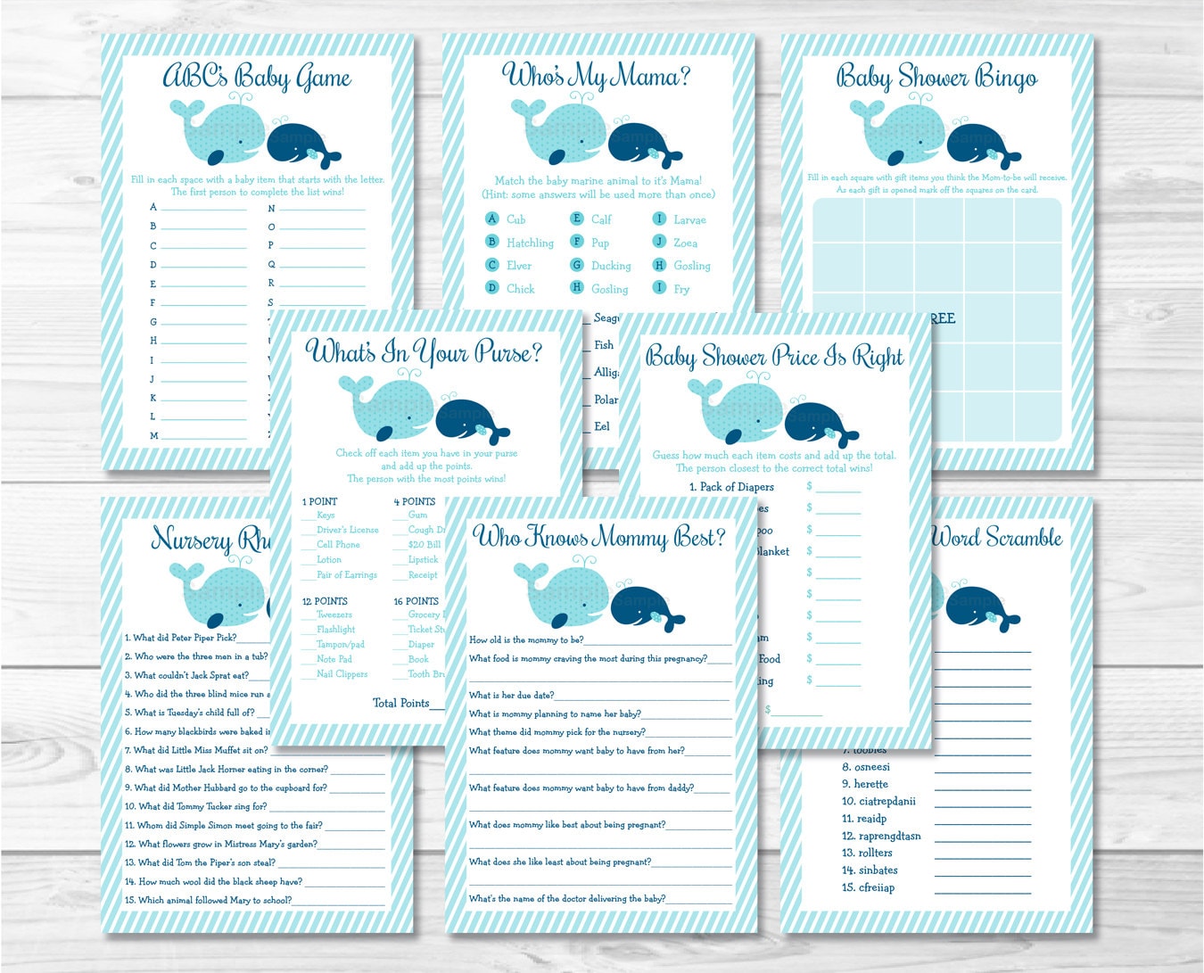 8 Printable Games Mom /& Baby Whales Aqua /& Navy Blue Baby Shower Games Pack