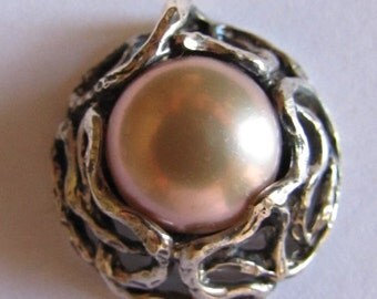 Sterling and Pearl, Branch Like Silver, Signed and Stamped 925, Champagne Pink or Mauve, Pendant, 3/4 Inch, Britz Beads Supply