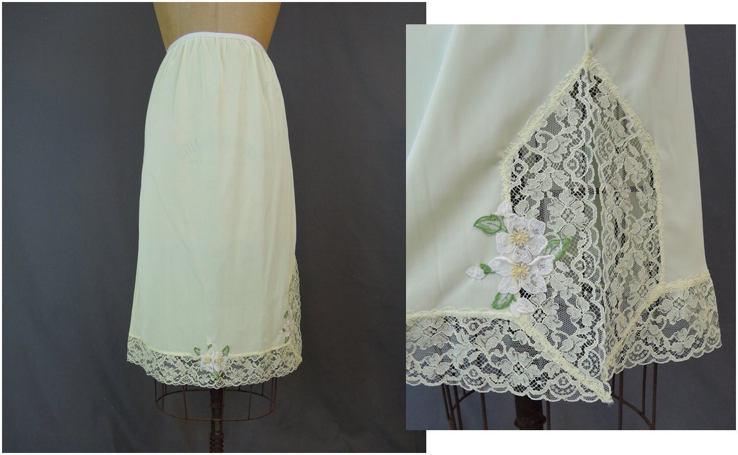 1960s Yellow Half Slip Nylon with wide lace trim and