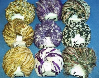 Multi-Strand Novelty Yarn by Ice Yarns, three skeins of mixed fiber yarn