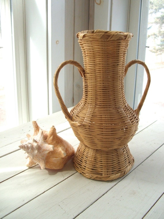 Vintage Wicker Basket Urn Shape Vase with handles