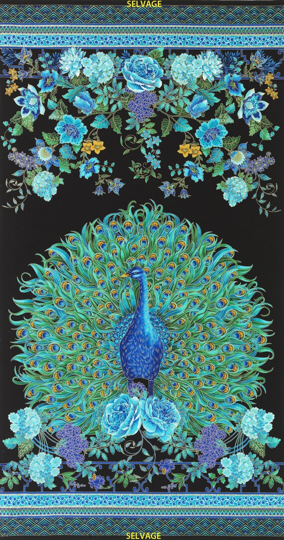 Peacock Plume Black Timeless Treasures fabric 24 Panel