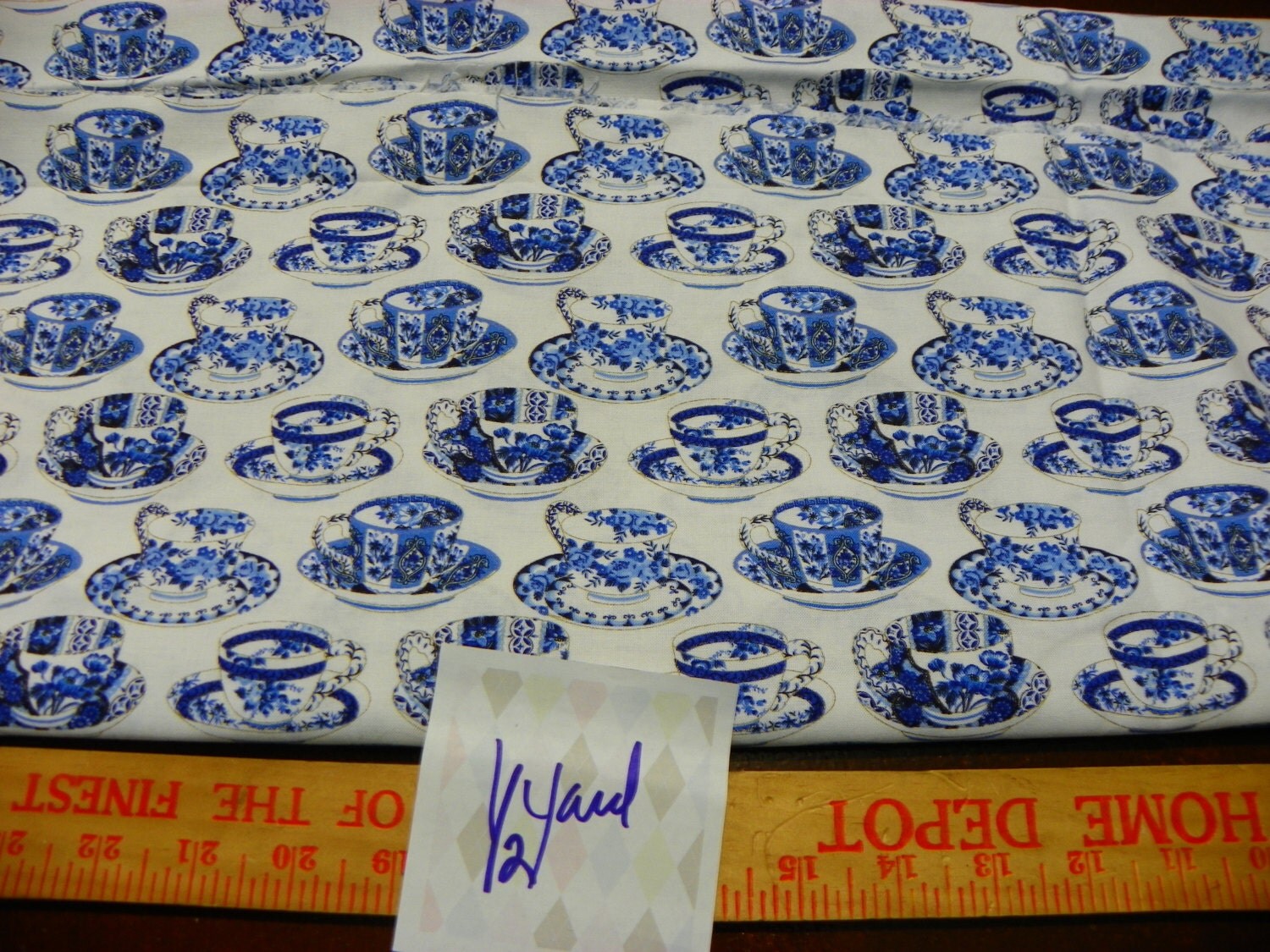 cotton blue china teacup fabric 3/4 yard cut by FaithOnEarth