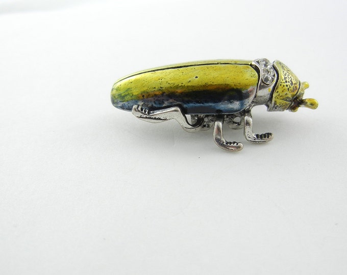 Antique Silver-tone Cockroach Slide Charm Rhinestone Accents Yellow Gold Wash