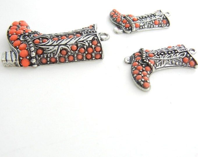 Set of Cowboy Cowgirl Boot Pendant and Matching Charms Acrylic Cabochons in Antique Silver-tone