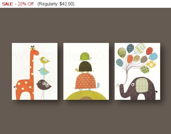 Baby boy nursery Art Giraffe Nursery Decor elephant nursery turtle Balloon children's art Kids wall art orange green brown - Set of 3 prints by GalerieAnais