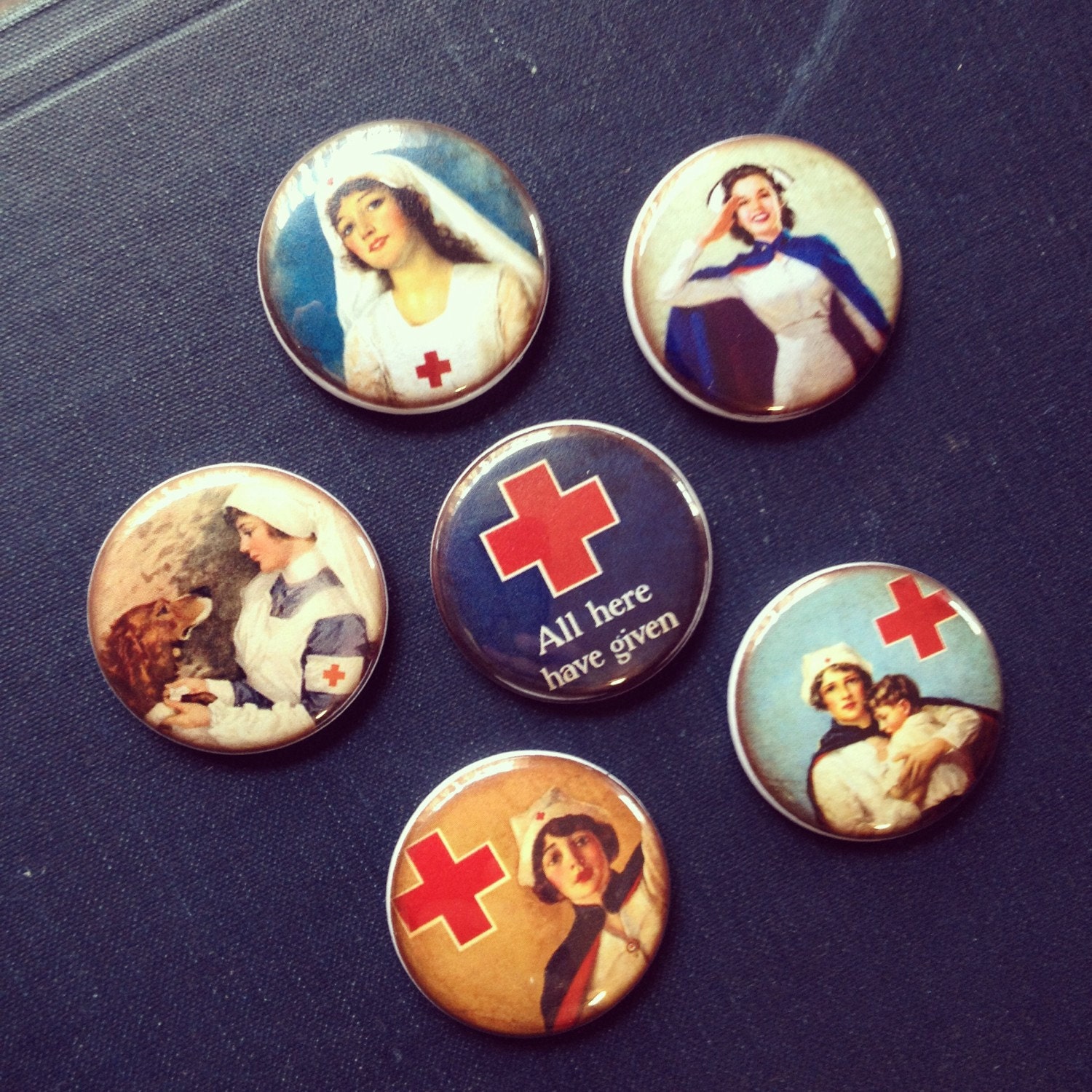Vintage Red Cross Pinback Buttons set of 6
