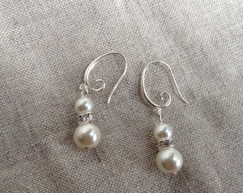 Pearl earrings, Pearl and rhinestone earrings, Bridal Jewelry, Bridesmaid earrings