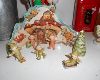 RARE 1994 Enesco Lucie Attwell LTD Pixie Elves Boo Boo Village Figurine Christmas Set