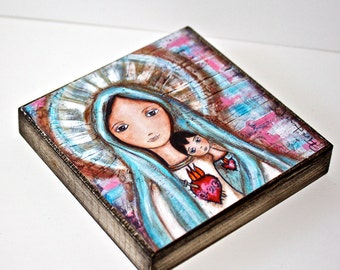 Immaculate Heart of Mary with Child - Giclee print mounted on Wood (4 x 4 inches) Folk Art by FLOR LARIOS